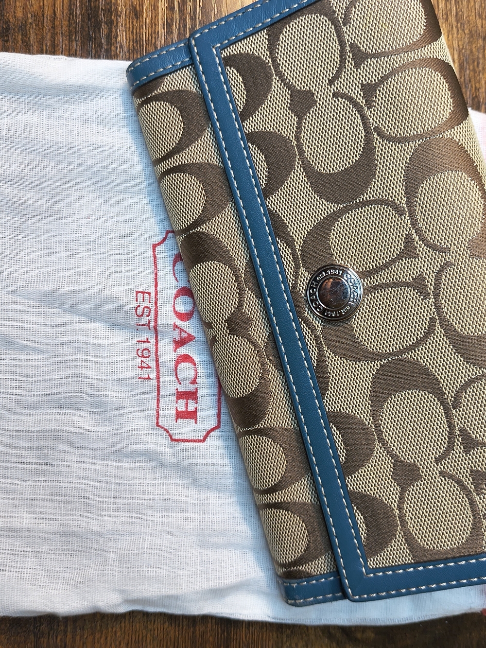 Coach Brown Signature Canvas Wallet with Teal Trim